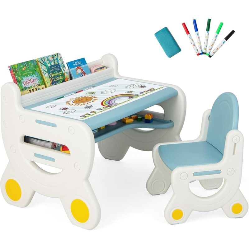 foto del prodotto goplus set tavolo sedia per bambini 3 anni, tavolo da disegno a 2 livelli con spazio di archiviazione sedia stabile per bambini in et 