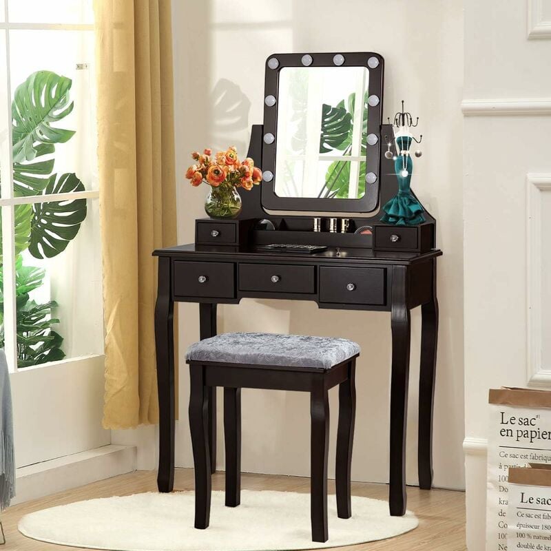 foto del prodotto goplus set toeletta con sgabello e specchio, design 2 in 1 ed elegante, specchio rimovibile e inclinabile con 10 lampadine a led, con 4 gambe in