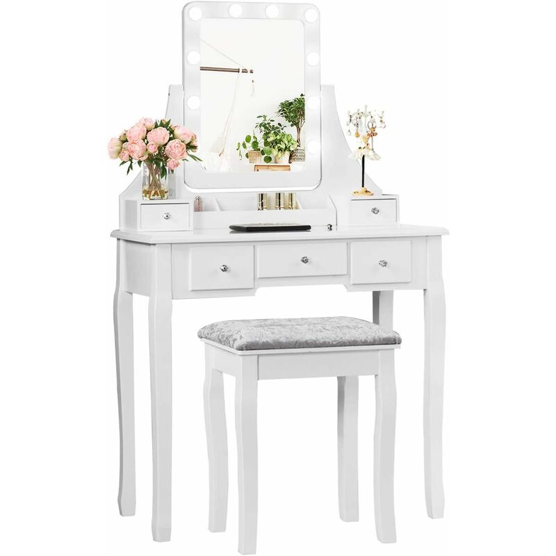 foto del prodotto goplus set toeletta con sgabello e specchio, design 2 in 1 ed elegante, specchio rimovibile e inclinabile con 10 lampadine a led, con 4 gambe in