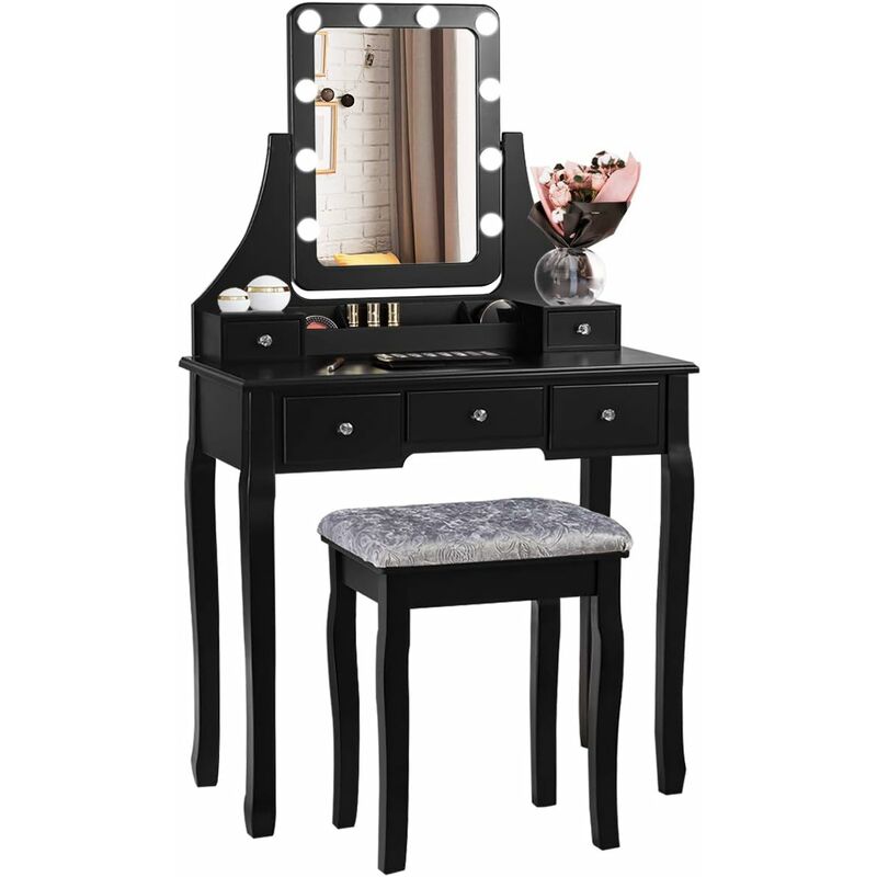 foto del prodotto goplus set toeletta con sgabello e specchio, design 2 in 1 ed elegante, specchio rimovibile e inclinabile con 10 lampadine a led, con 4 gambe in