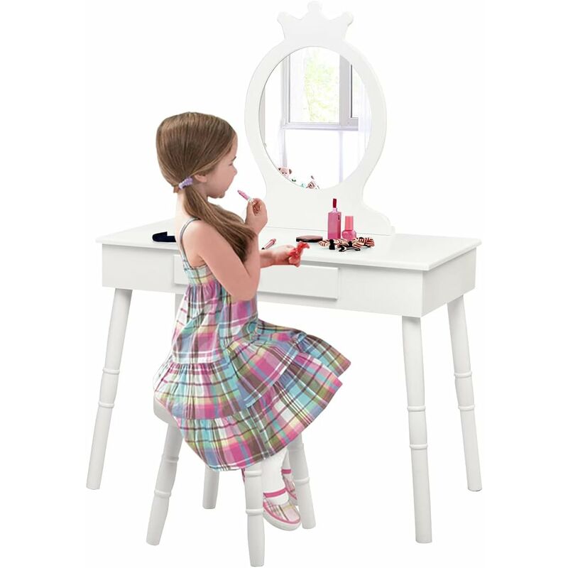 foto del prodotto goplus set toeletta e sgabello per bambini, toeletta con specchio per trucco, con cassetto e 4 gambe in legno, tavolo da trucco stabile bianco 