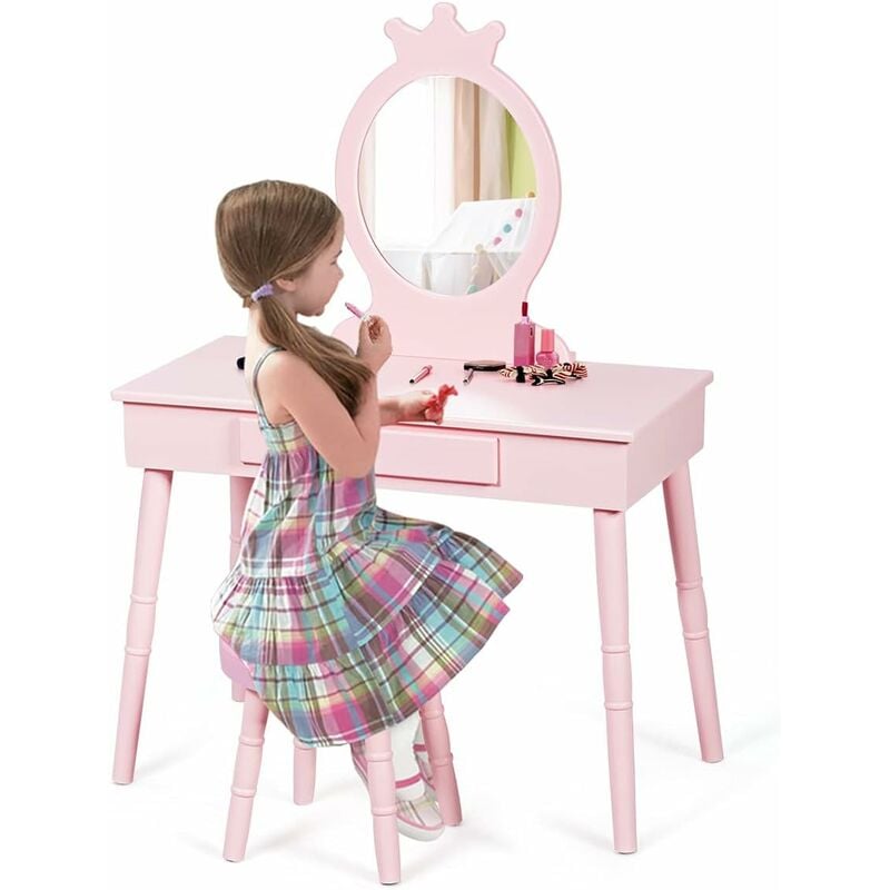 foto del prodotto goplus set toeletta e sgabello per bambini, toeletta con specchio per trucco, con cassetto e 4 gambe in legno, tavolo da trucco stabile rosa 