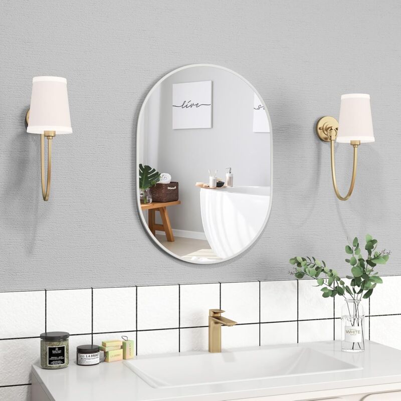 foto del prodotto goplus specchio da bagno, 70 x 50 cm, specchio da vanit con cornice in alluminio e vetro antinfortunistico hd, montaggio verticale orizzontale,