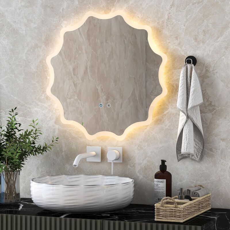 foto del prodotto goplus specchio da bagno a led 60x60 cm, specchietto d argento hd infrangibile con luce dimmerabili a 3 colori, funzione di antiappannamento,