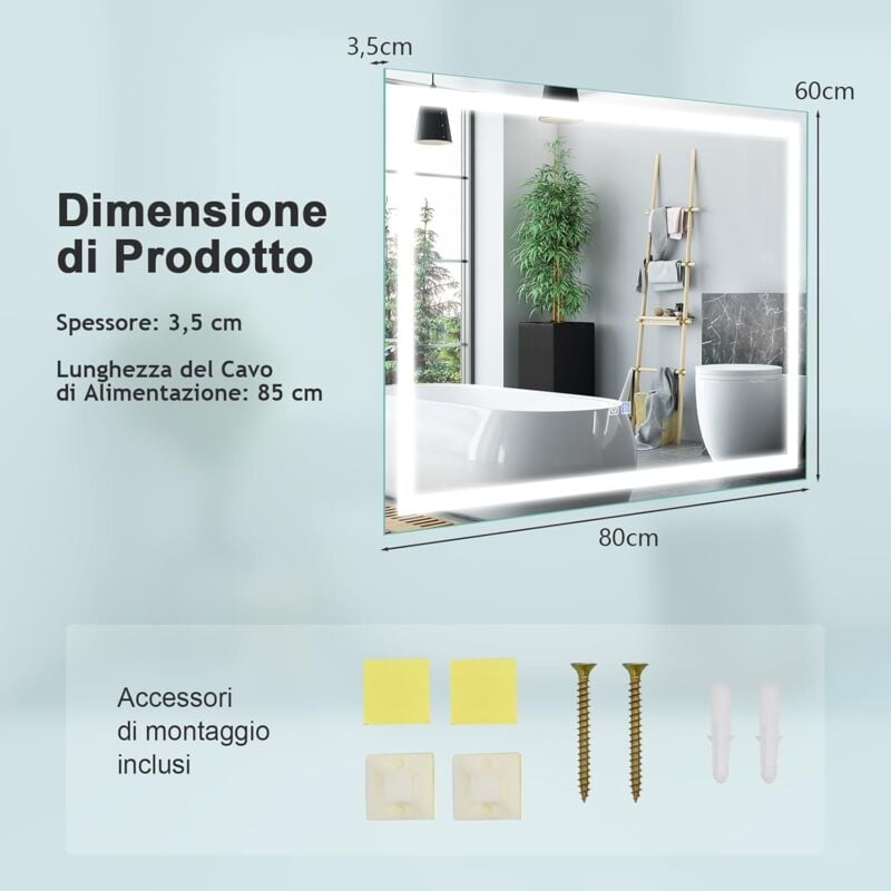 foto del prodotto goplus specchio da bagno a led, specchio da parete con 3 colori di luce e luminosit regolabile, specchio da toilette a led con funzione