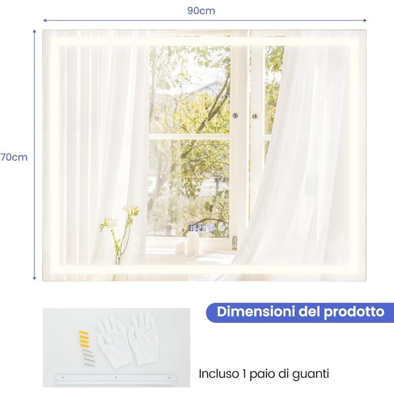 foto del prodotto goplus specchio da bagno quadrato rotondo a led antiappannamento, specchio da parete impermeabile, con 3 colori di luminosit regolabile, specchio