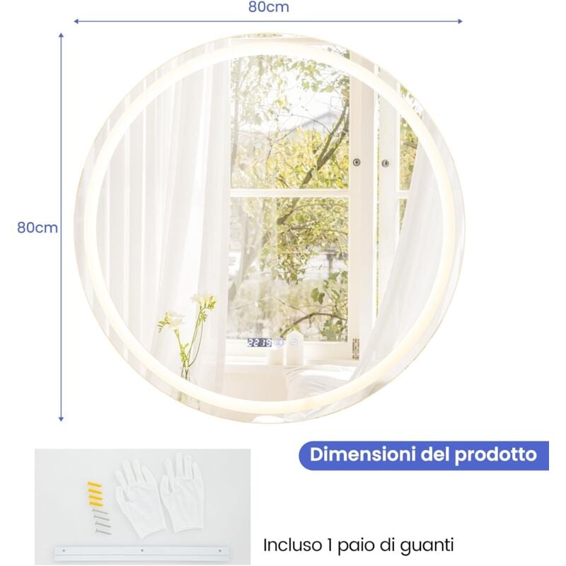 foto del prodotto goplus specchio da bagno quadrato rotondo a led antiappannamento, specchio da parete impermeabile, con 3 colori di luminosit regolabile, specchio