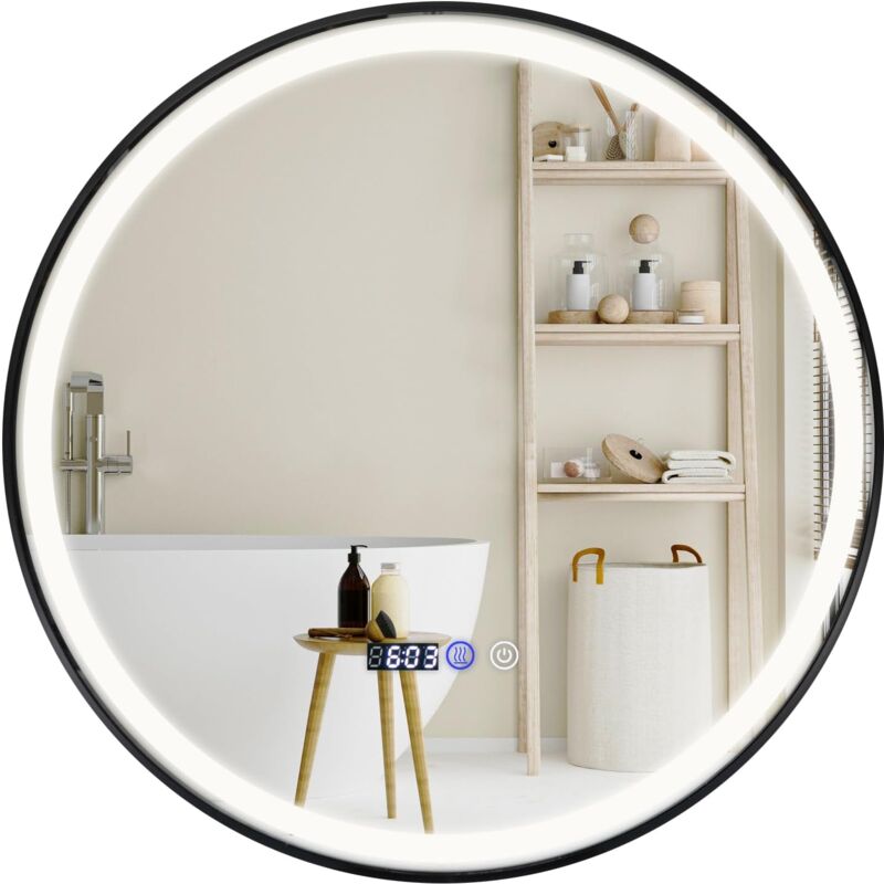 foto del prodotto goplus specchio da bagno rotondo 60cm, specchietto da trucco hd infrangibile con luce dimmerabili a 3 colori, funzione di oscuramento e memoria,