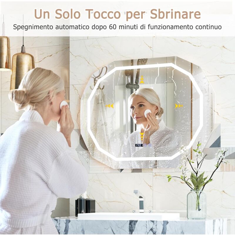 foto del prodotto goplus specchio da bagno, specchietto da trucco hd infrangibile con luce dimmerabili a 3 colori, funzione di oscuramento, display ora temperatura,