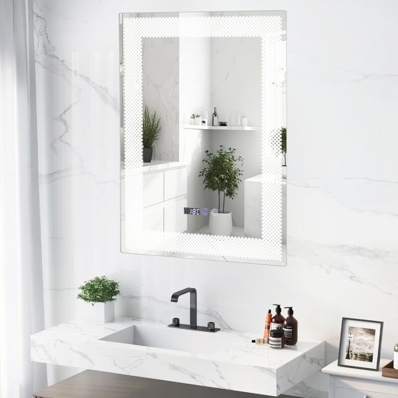 foto del prodotto goplus specchio da bagno, specchietto da trucco hd infrangibile con luce dimmerabili a 3 colori, funzione di oscuramento, display ora temperatura,