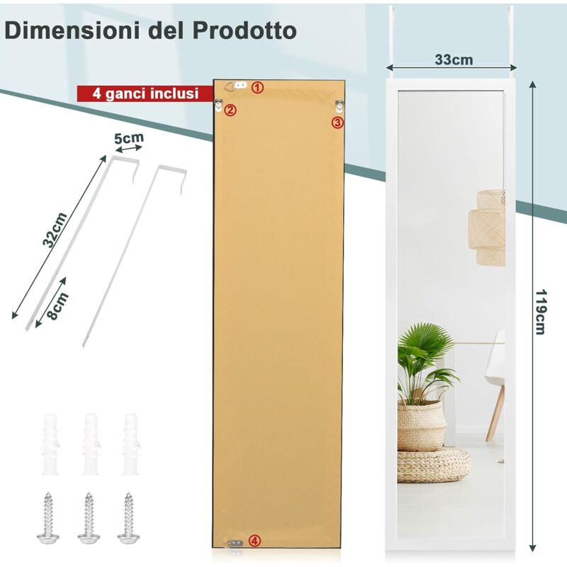 foto del prodotto goplus specchio da parete a figura, 119 x 33 cm, con ganci antiruggine e adesivi, specchio verticale da porta antinfortunistico per camera da letto