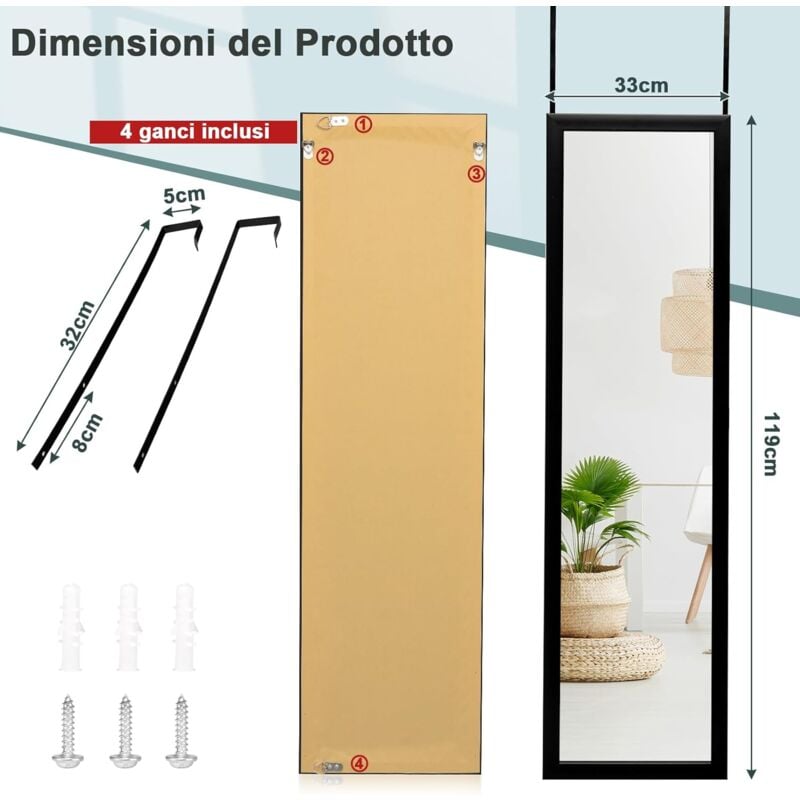 foto del prodotto goplus specchio da parete a figura, 119 x 33 cm, con ganci antiruggine e adesivi, specchio verticale da porta antinfortunistico per camera da letto