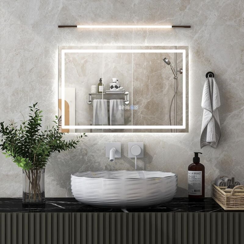 foto del prodotto goplus specchio da parete anti appannamento dimmerabile, rettangolare 60 x 40 cm, con 3 colori, funzione memoria, display ora temperatura, specchio