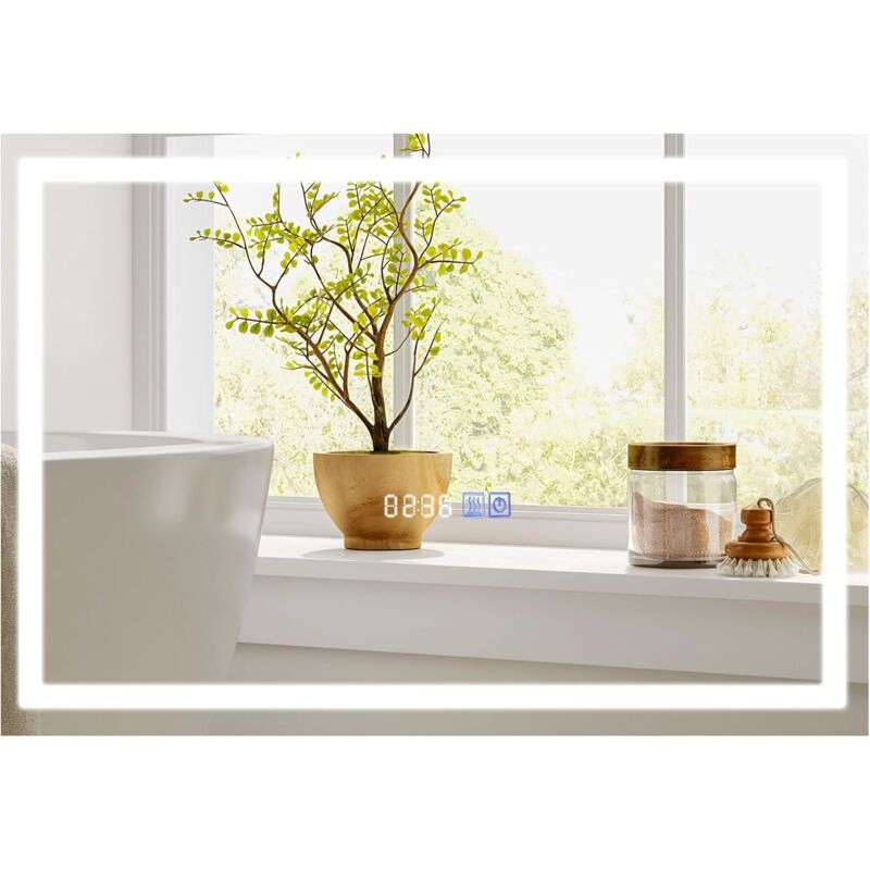 foto del prodotto goplus specchio da parete anti appannamento dimmerabile, rettangolare 75 x 50 cm, con 3 colori, funzione memoria, display ora temperatura, specchio
