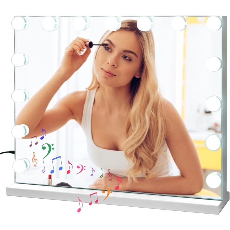 foto del prodotto goplus specchio da toeletta con luci, 58 x 48 cm, per trucco con 15 lampadine a led dimmerabili, abilitato a bluetooth, porta di ricarica usb, 2