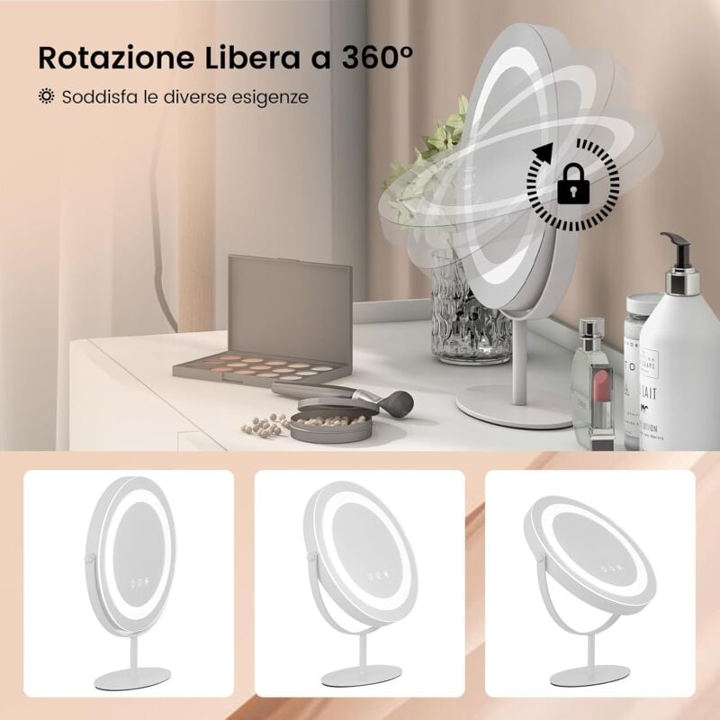 foto del prodotto goplus specchio da trucco con luci led a 3 colori, specchio cosmetico con rotazione a 360 , luminosit regolabile, smart touch, specchietto da