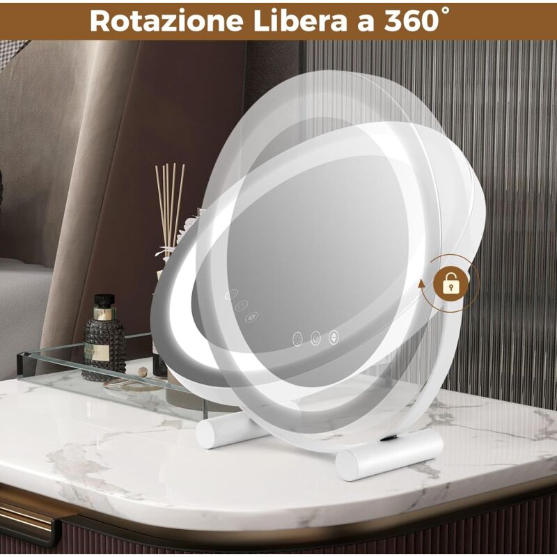 foto del prodotto goplus specchio da trucco con luci led a 3 colori, specchio cosmetico con rotazione a 360 , luminosit regolabile, smart touch, specchietto da