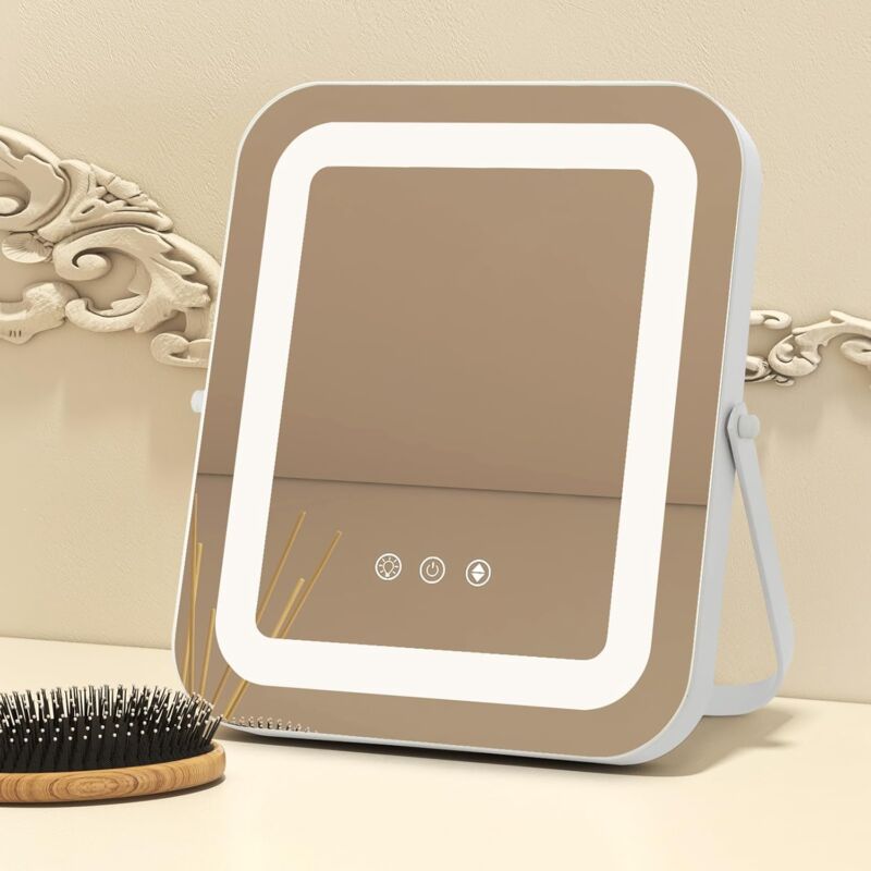 foto del prodotto goplus specchio da trucco con luci led a 3 colori, specchio cosmetico con rotazione a 360 , luminosit regolabile, smart touch, specchietto da