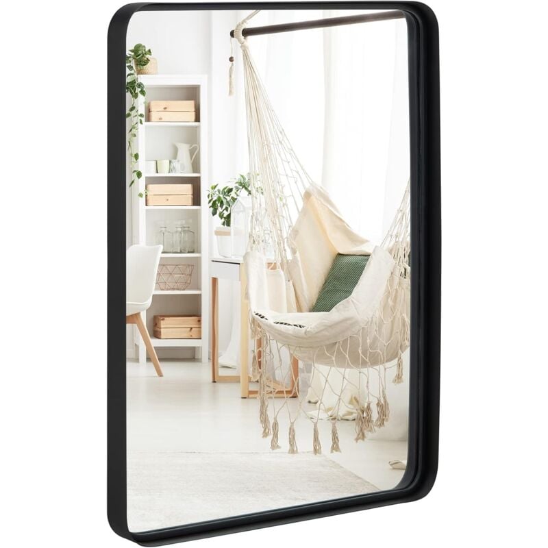 foto del prodotto goplus specchio rettangolare del bagno, specchio metallico nero con angoli arrotondati, pellicola anti esplosione, da appendere in orizzontale o in