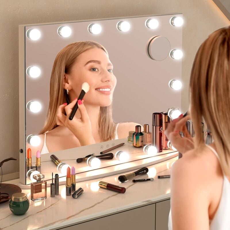 foto del prodotto goplus specchio trucco con luci specchio led 18 lampadine, specchio trucco, postazione trucco, specchio luci make up, specchio da tavolo,