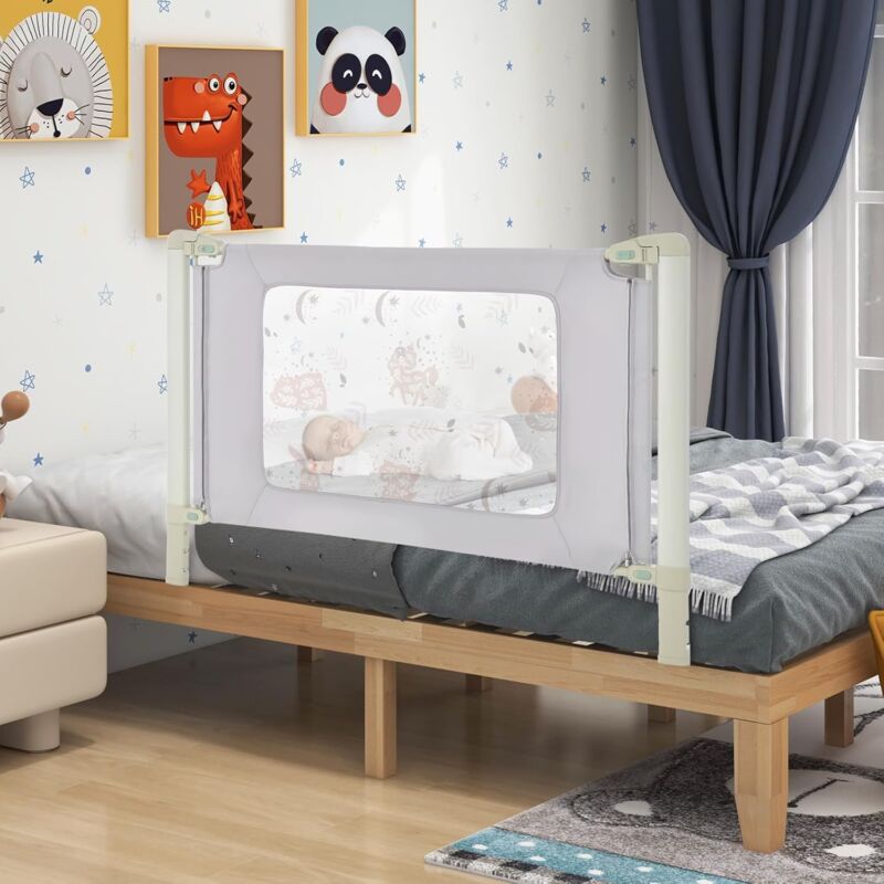 foto del prodotto goplus sponda letto per bambini, barriera a scomparsa sollevata verticalmente, altezza regolabile e doppia chiusura, tessuto morbido, grigio 150