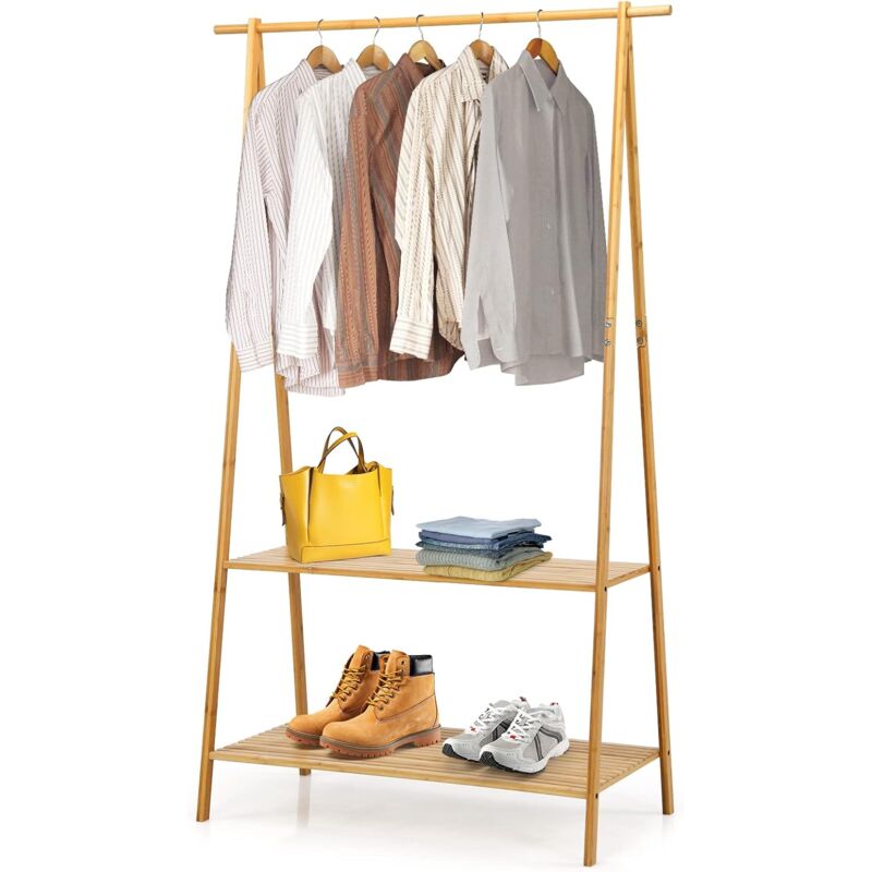 foto del prodotto goplus stand appendiabiti bamb , appendiabiti salvaspazio da terra con asta per appendere e 2 ripiani, per ingresso, camera da letto, balcone, 101 x