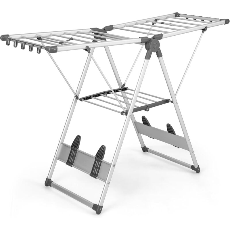 foto del prodotto goplus stendino in alluminio, stendibiancheria pieghevole con ali regolabili a 5 livelli, 10 clip gancio 2 in 1, 4 porta scarpe, appendiabiti con