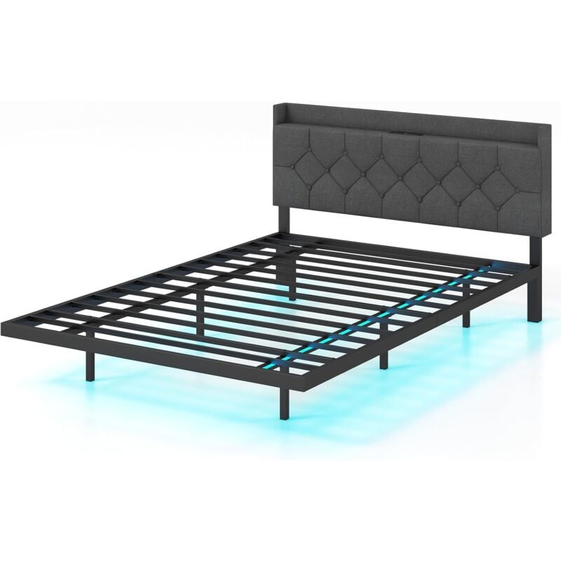 foto del prodotto goplus struttura letto matrimoniale singolo con luci led rgb, letto moderno con testiera imbottita regolabile e stazione di ricarica, letto a