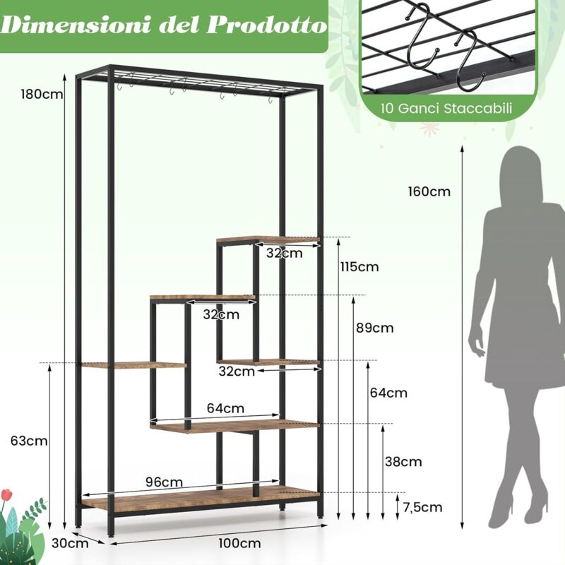 foto del prodotto goplus supporto per piante da interno a 6 piani, alto 1,8 m e grande scaffale espositivo in metallo per vasi da bonsai con 10 ganci appendiabiti,