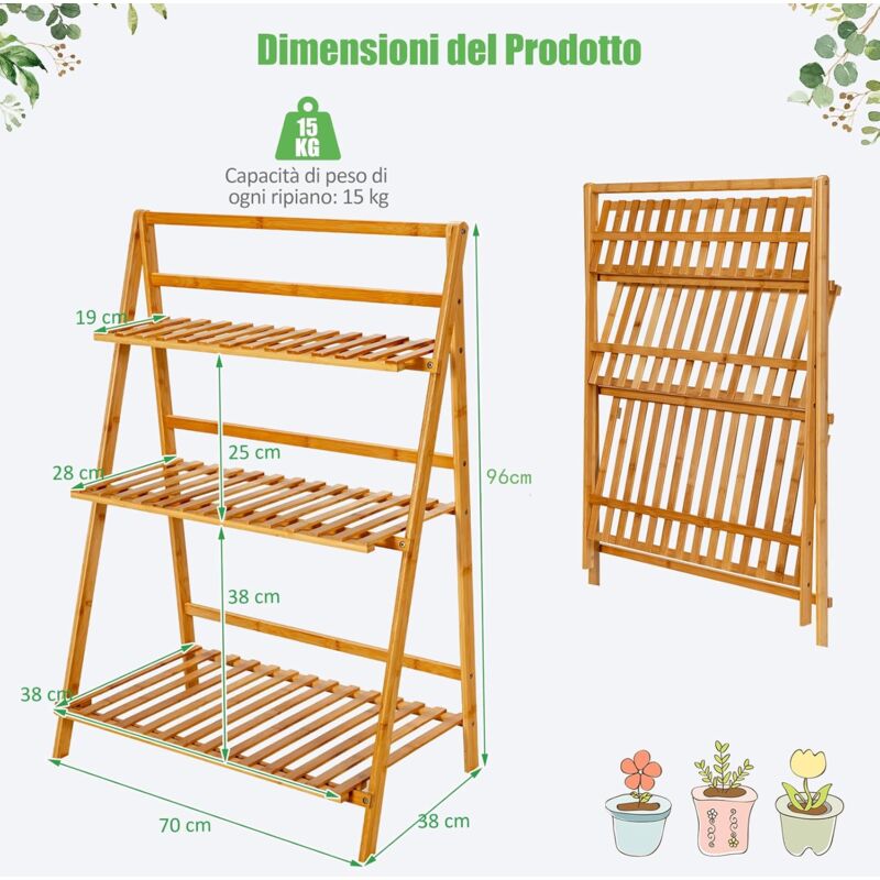 foto del prodotto goplus supporto per piante in bamb peghevole a 3 livelli, scaffale per piante per uso interno ed esterno, scala per piante per soggiorno, balcone,
