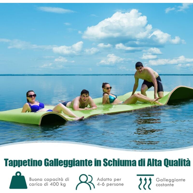 foto del prodotto goplus tappeto galleggiante d acqua 355 x 183cm in schiuma xpe a 3 strati, materasso galleggiante con corda elastica da 3,9m per 4 6 persone,
