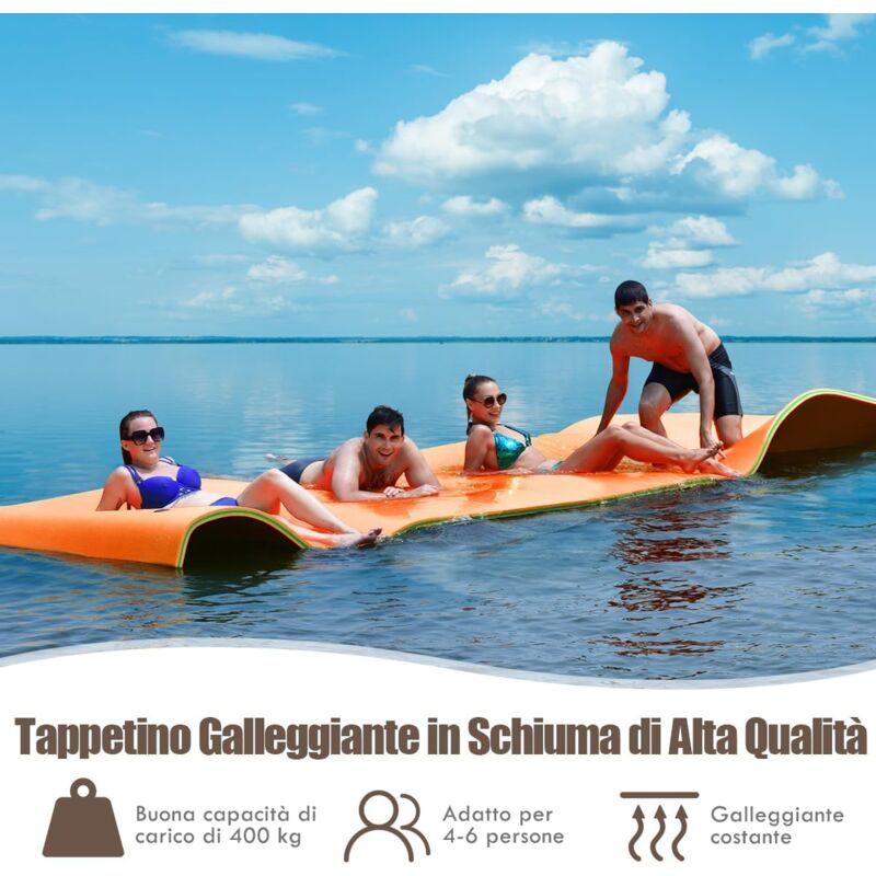 foto del prodotto goplus tappeto galleggiante d acqua 355 x 183cm in schiuma xpe a 3 strati, materasso galleggiante con corda elastica da 3,9m per 4 6 persone,