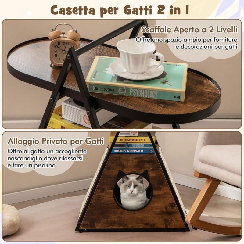 foto del prodotto goplus tavolino con condo per gatti, letto per gatti 2 in 1 con ripostiglio e tavolino laterale, comodino triangolare con rifugio per gatti