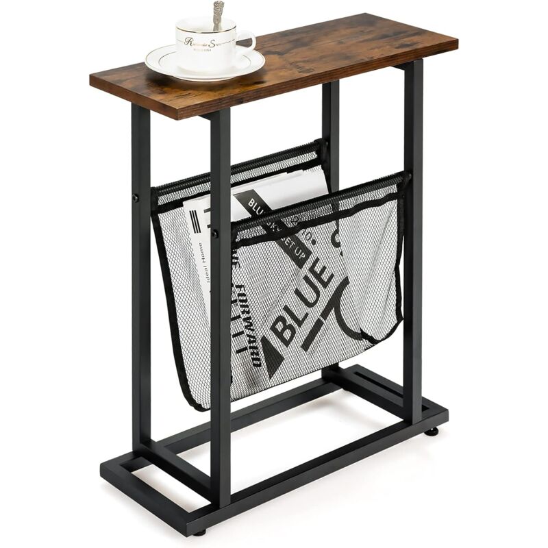 foto del prodotto goplus tavolino laterale, con rete porta riviste in nylon, materiale in legno e ferro, stile industriale e minimalista, adatti per ufficio e casa,