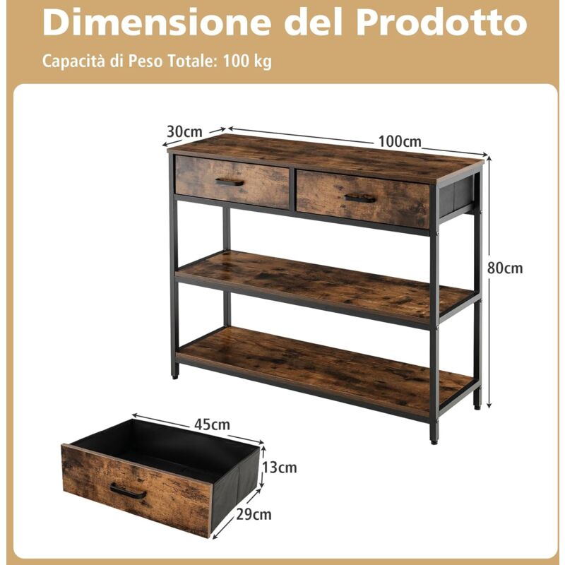 foto del prodotto goplus tavolo consolle per soggiorno, tavolo d ingresso a 3 livelli con 2 cassetti in tessuto pieghevole, consolle in stile industriale per