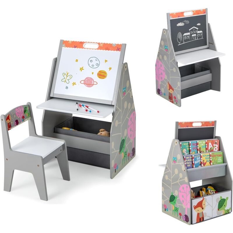 foto del prodotto goplus tavolo da disegno e stazione di gioco per bambini con sedia, set di tavolo e sedia per bambini con lavagna magnetica a doppia faccia