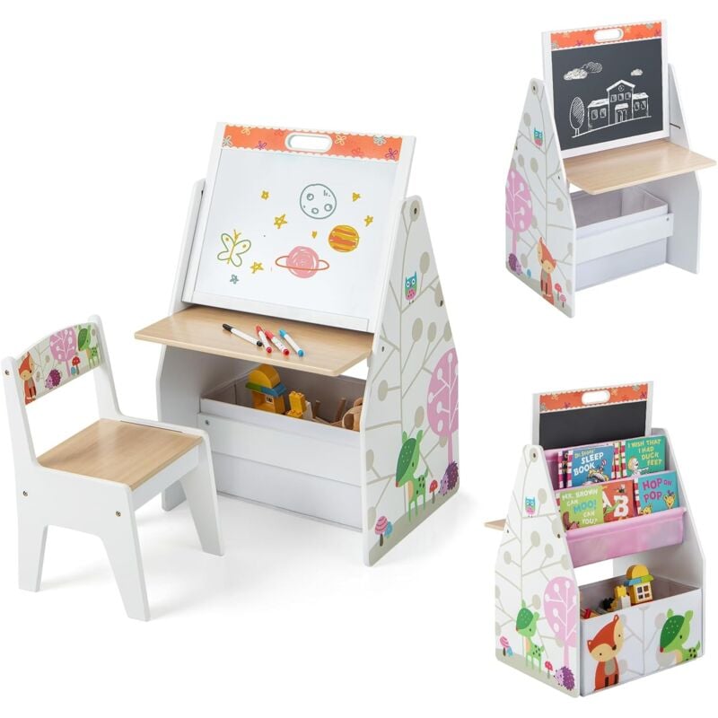foto del prodotto goplus tavolo da disegno e stazione di gioco per bambini con sedia, set di tavolo e sedia per bambini con lavagna magnetica a doppia faccia