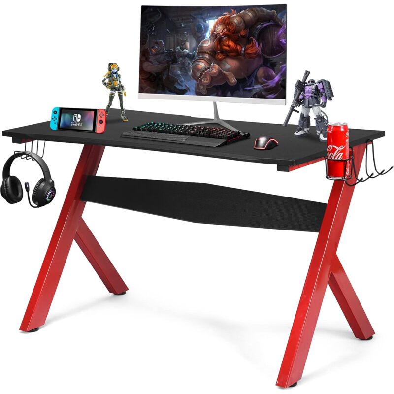 foto del prodotto goplus tavolo da gaming, struttura in acciaio, con portabicchieri e tappetino per mouse, design ergonomica, aspetto moderno, 123,5 x 60 x 76 cm