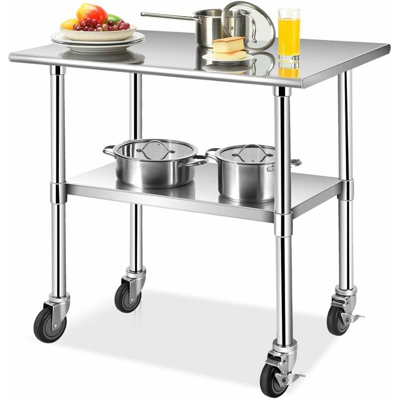 foto del prodotto goplus tavolo da lavoro in acciaio inox, tavolo con 2 ripiani e 4 ruote, tavolo da lavoro da cucina, tavolo portatile di acciaio, argento,