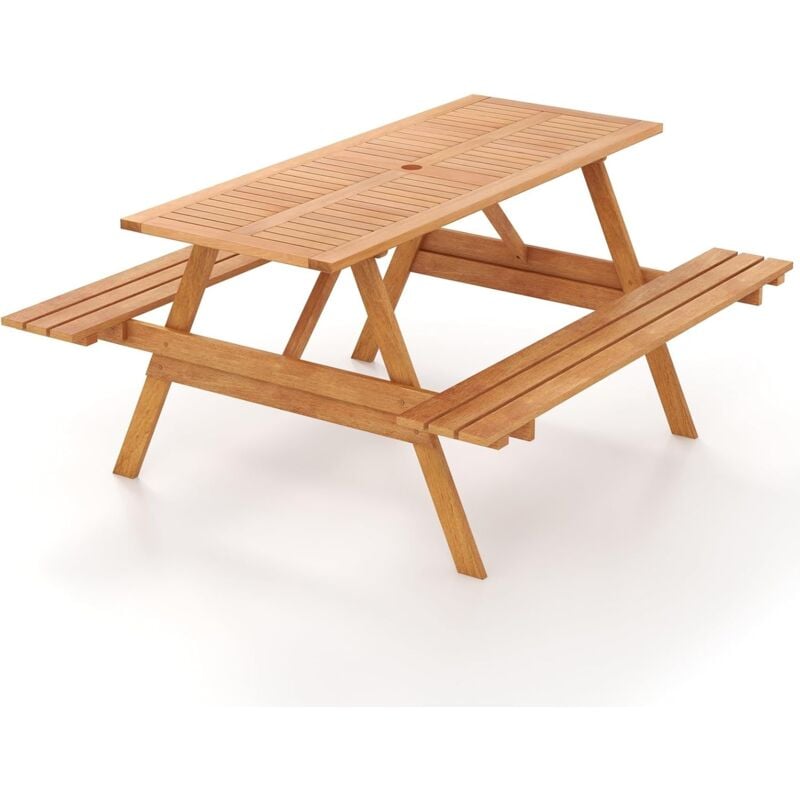 foto del prodotto goplus tavolo da patio con panche, set da tavolo da patio rettangolare per 6 persone con foro di ombrellone, set da tavolo e panca con finitura in