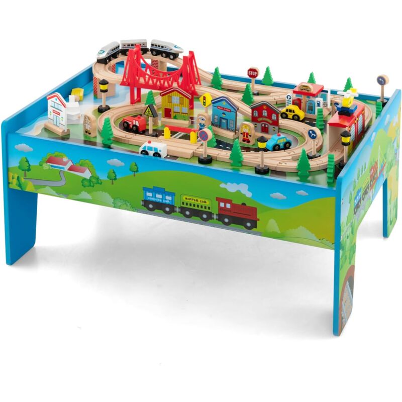 foto del prodotto goplus tavolo e set ferrovia in legno, set gioco colorato da 80 84 pezzi con piano reversibile, cassetto, binari, treni, figure, macchinine, tavolo