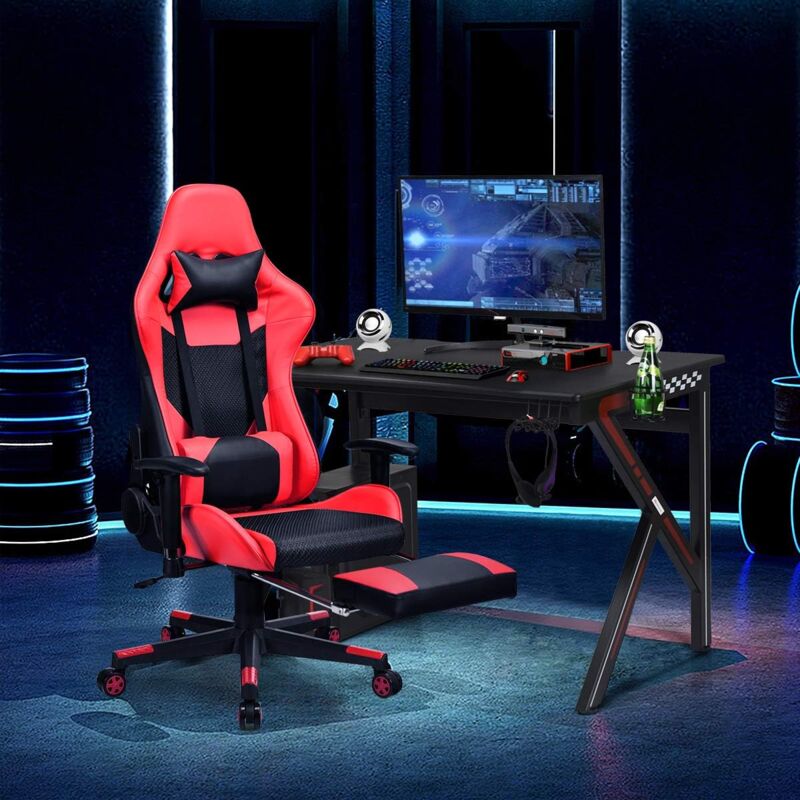 foto del prodotto goplus tavolo scrivania per computer gamers, tavolo da gioco e sports con porta tazza e gancio per cuffie, scrivania da computer ergonomica con