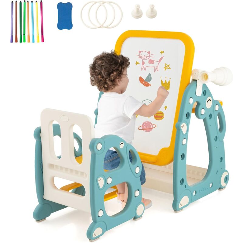 foto del prodotto goplus tavolozza artistica 4 in 1 per bambini con sedia, set tavolo e sedia per disegno per bambini con lavagna magnetica regolabile, lavagna
