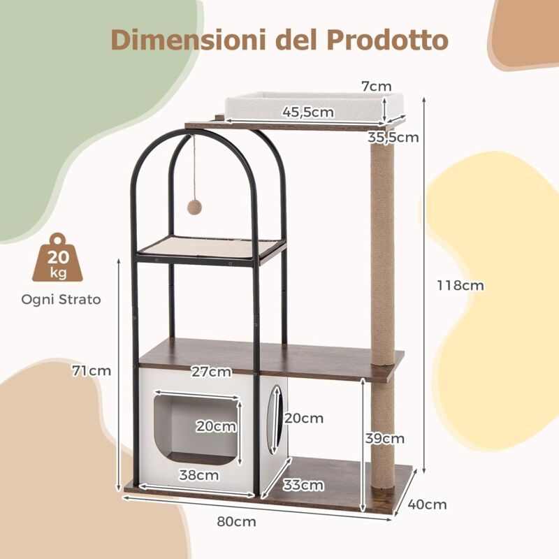 foto del prodotto goplus tiragraffi albero per gatti 80x40x118 cm, centro di attivit , cuscini rimovibili, letto rialzato, palo graffiato, sisal, pallina sospesa,