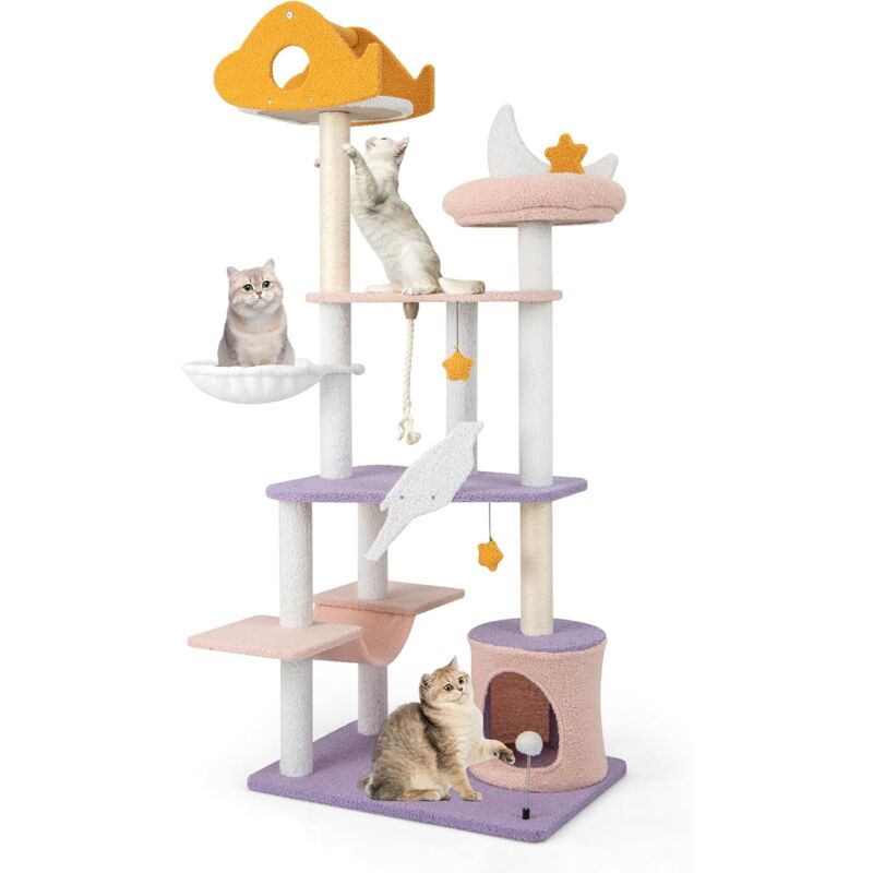 foto del prodotto goplus tiragraffi albero per gatti, torre per gatti multi livello con pali graffiatoi in sisal, centro attivit per mobili gatti da interno stile