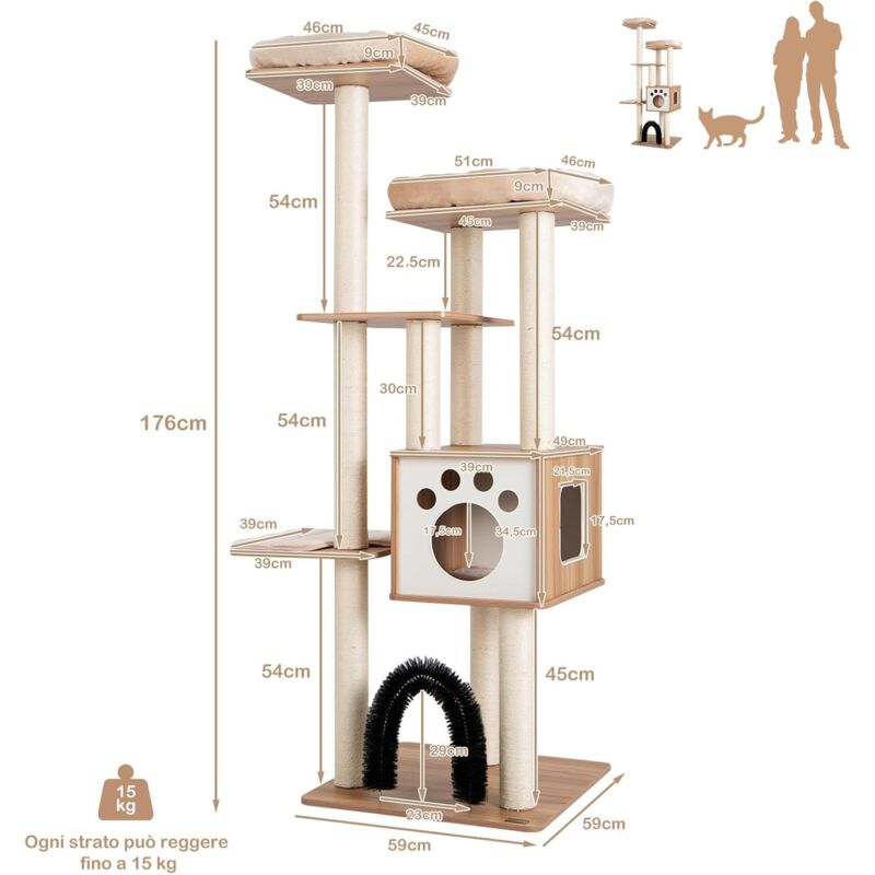 foto del prodotto goplus tiragraffi per gatti, 59 x 59 x 176 cm, carico 15 kg, tronchi in sisal, cuscino rimovibile lavabile, ideale per gatti grandi adulti stile 12 