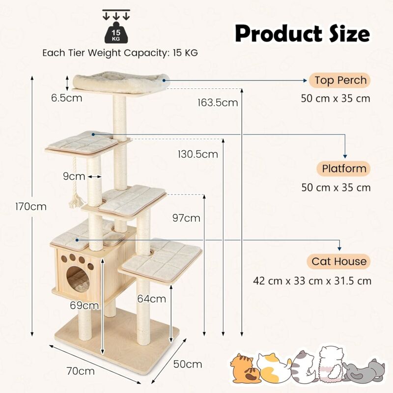 foto del prodotto goplus tiragraffi per gatti, 70 x 50 x 170 cm, carico 15 kg, tronchi in sisal, cuscino rimovibile lavabile, ideale per gatti grandi adulti stile 8 