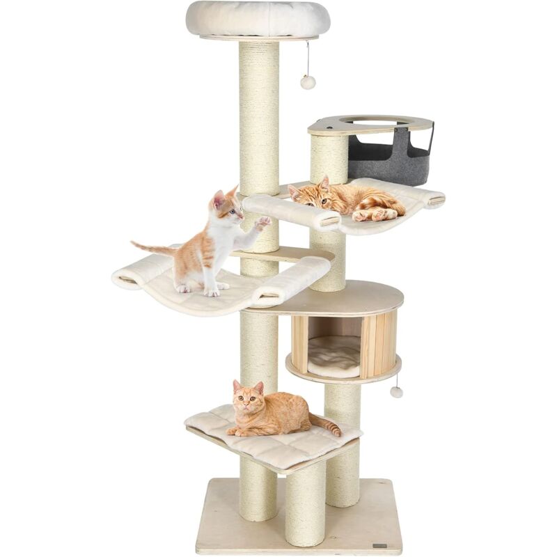 foto del prodotto goplus tiragraffi per gatti, 75 x 56 x 197 cm, carico 15 kg, tronchi in sisal, cuscino rimovibile lavabile, ideale per gatti grandi adulti stile