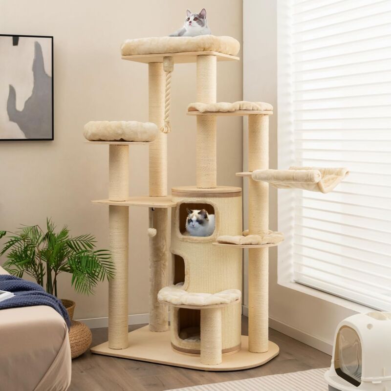 foto del prodotto goplus tiragraffi per gatti, 95 x 68 x 173 cm, tronchi in sisal, ideale per gatti grandi adulti beige 