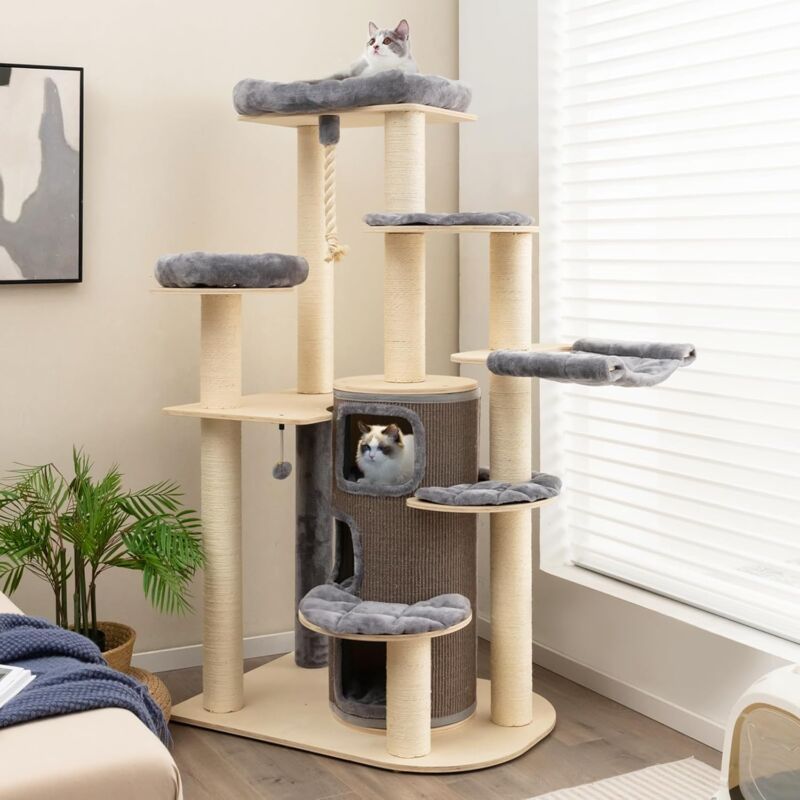 foto del prodotto goplus tiragraffi per gatti, 95 x 68 x 173 cm, tronchi in sisal, ideale per gatti grandi adulti grigio 